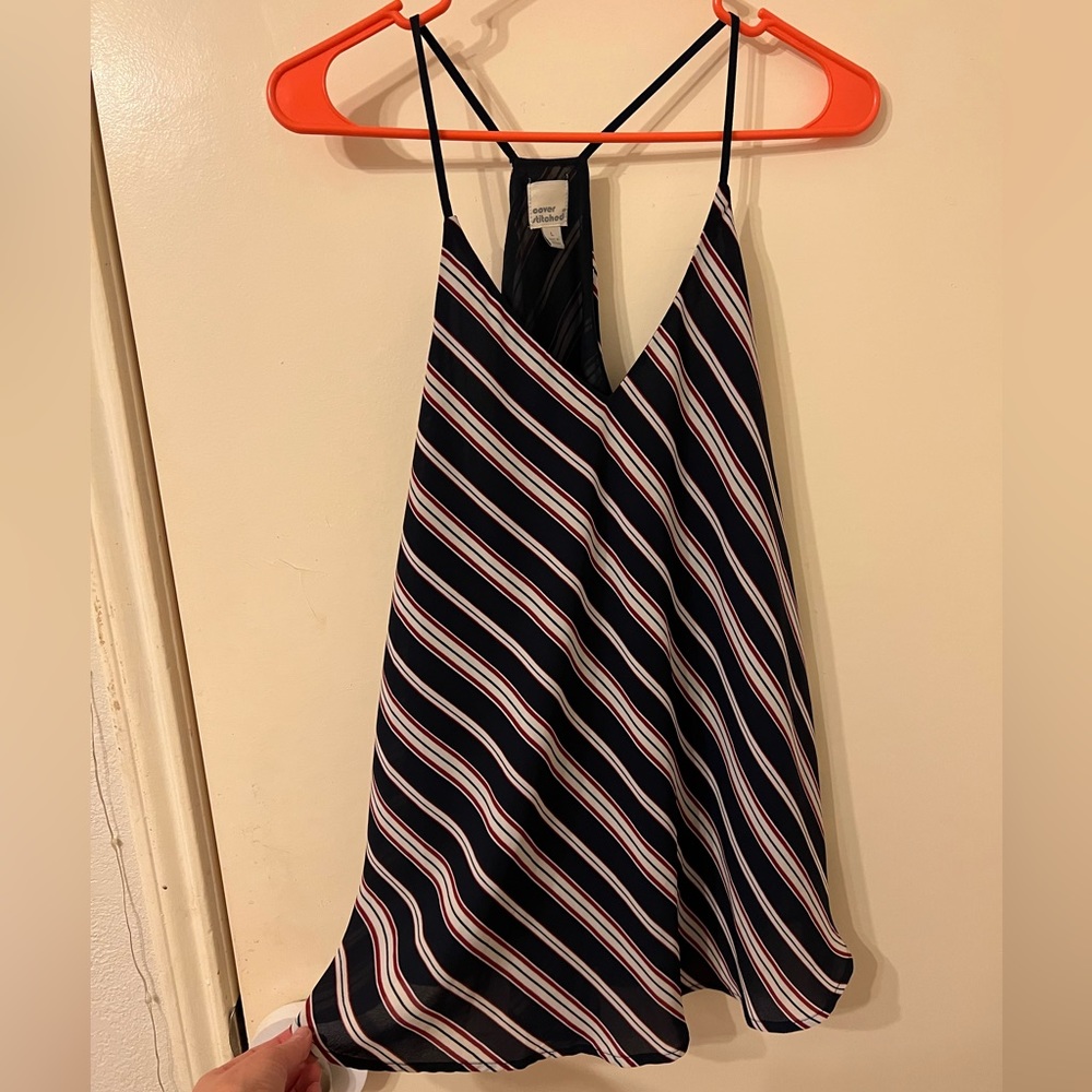 Large Cover Stitched red, black and white striped tank top